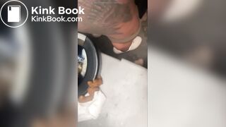 Woman shits in portable toilet