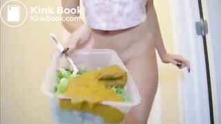 Girl creamy shit on the salad