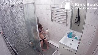 Tall girl pooping in toilet