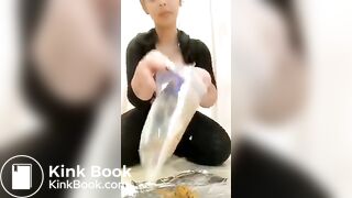 Sexy blonde shitting and places her shit in a bag