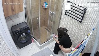 Flora using new bathroom