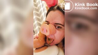 Pig cleans shitty dildo