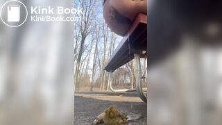 Girl shits off the side of a park bench