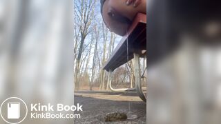 Girl shits off the side of a park bench