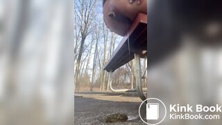 Girl shits off the side of a park bench