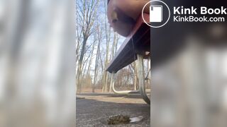 Girl shits off the side of a park bench