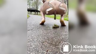 Girl shits in park on path