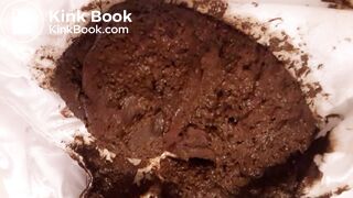 Big poop in thin white panties on bed