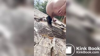 Girl shits outdoors on a hiking trip