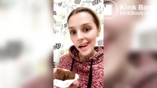 Blond girl's first time taking a big bite