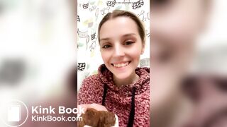 Blond girl's first time taking a big bite