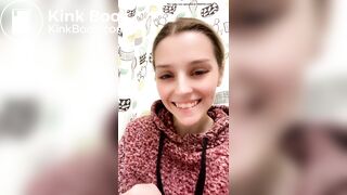 Blond girl's first time taking a big bite