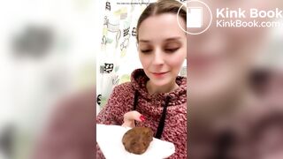 Blond girl's first time taking a big bite