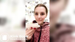 Blond girl's first time taking a big bite