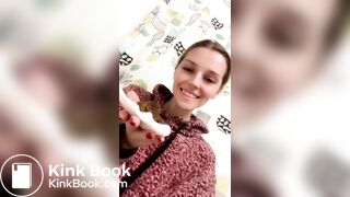 Blond girl's first time taking a big bite