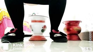 Chinese Girl sit on the old chamberpot for shitting