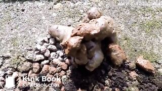 Redhead poops outdoors..