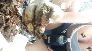 A milf poops in forest and inspects his shit