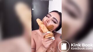 Dirty girl sucks dirty dildo