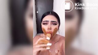 Dirty girl sucks dirty dildo