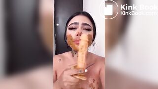 Dirty girl sucks dirty dildo