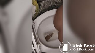 Girl pooping on toilet and reuses toilet paper