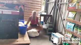 Cheeky milf blonde pooping in a store