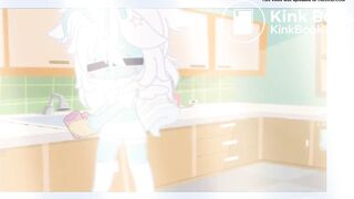 Cyan is washing dishes as she soils her diaper