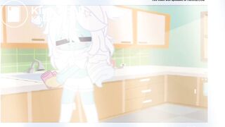 Cyan is washing dishes as she soils her diaper