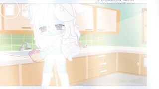 Cyan is washing dishes as she soils her diaper