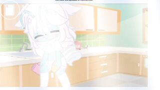 Cyan is washing dishes as she soils her diaper