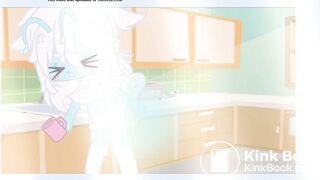 Cyan is washing dishes as she soils her diaper