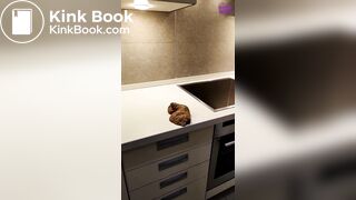 Girl shits on kitchen counter