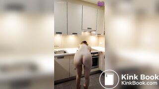 Girl shits on kitchen counter