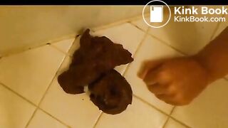 Cute girl poops near the bathtub..