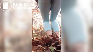 Woman Shits Blue Leggings Outside