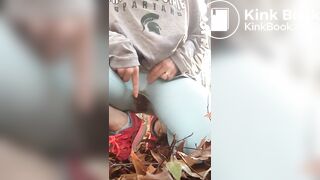 Woman Shits Blue Leggings Outside