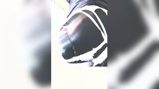 Hard poop in nylon shorts.