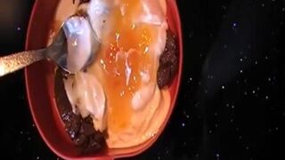 German lady has a poopy breakfast..