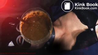 Human toilet swallows piss and shit through a funnel