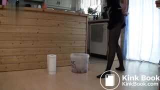 Mistress feeding scat from bowl cute black stockings
