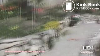 Woman pooping on her patio steps..