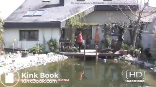 Woman pooping on her patio steps..