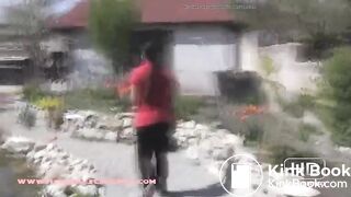 Woman pooping on her patio steps..