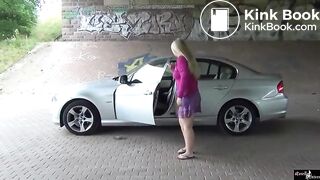 Woman poop shitting pooping outside parking wipeless