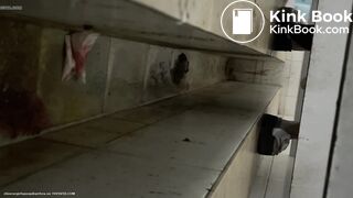 Chinese lady poops painful diarrhea in public toilet.