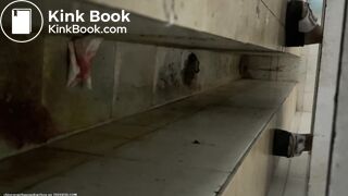 Chinese lady poops painful diarrhea in public toilet.