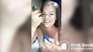 cleaning dirty dildo and swallowing so much