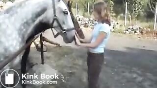 White girl poops outside near a farm