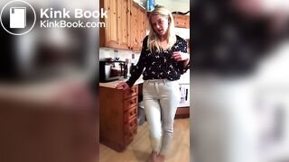 Blonde topless jeans poo